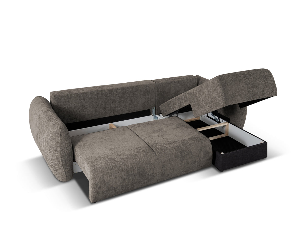 Ecksofa Matera als Bettsofa rechts mit Stoffbezug, Récamière und schwarzen Kunststoffbeinen