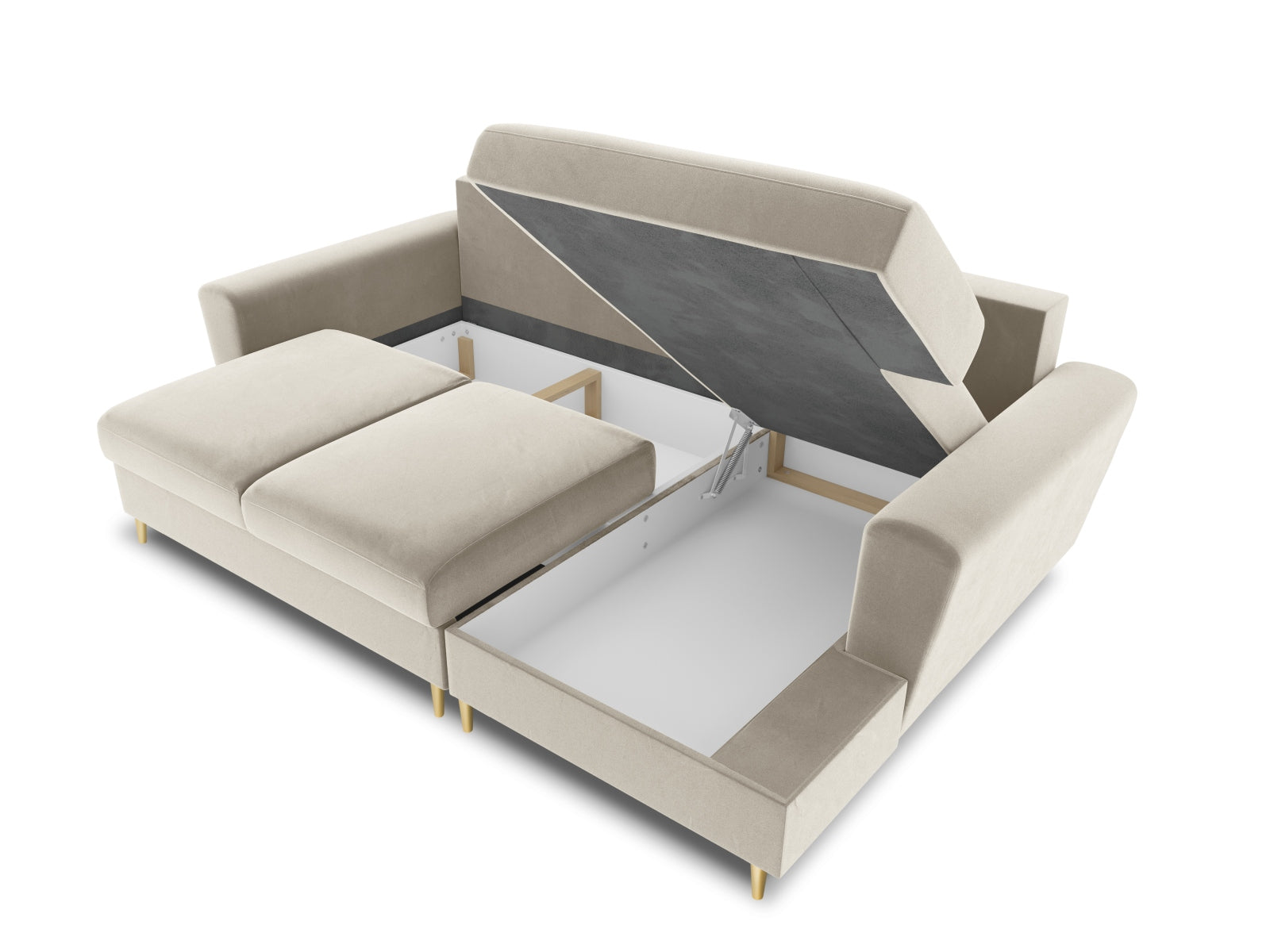 Entdecken Sie das Kyoto Velour Ecksofa rechts – ein elegantes 4-Sitzer Sofa mit Schlaffunktion und Stauraum, ideal für Ihr modernes Wohnzimmer.