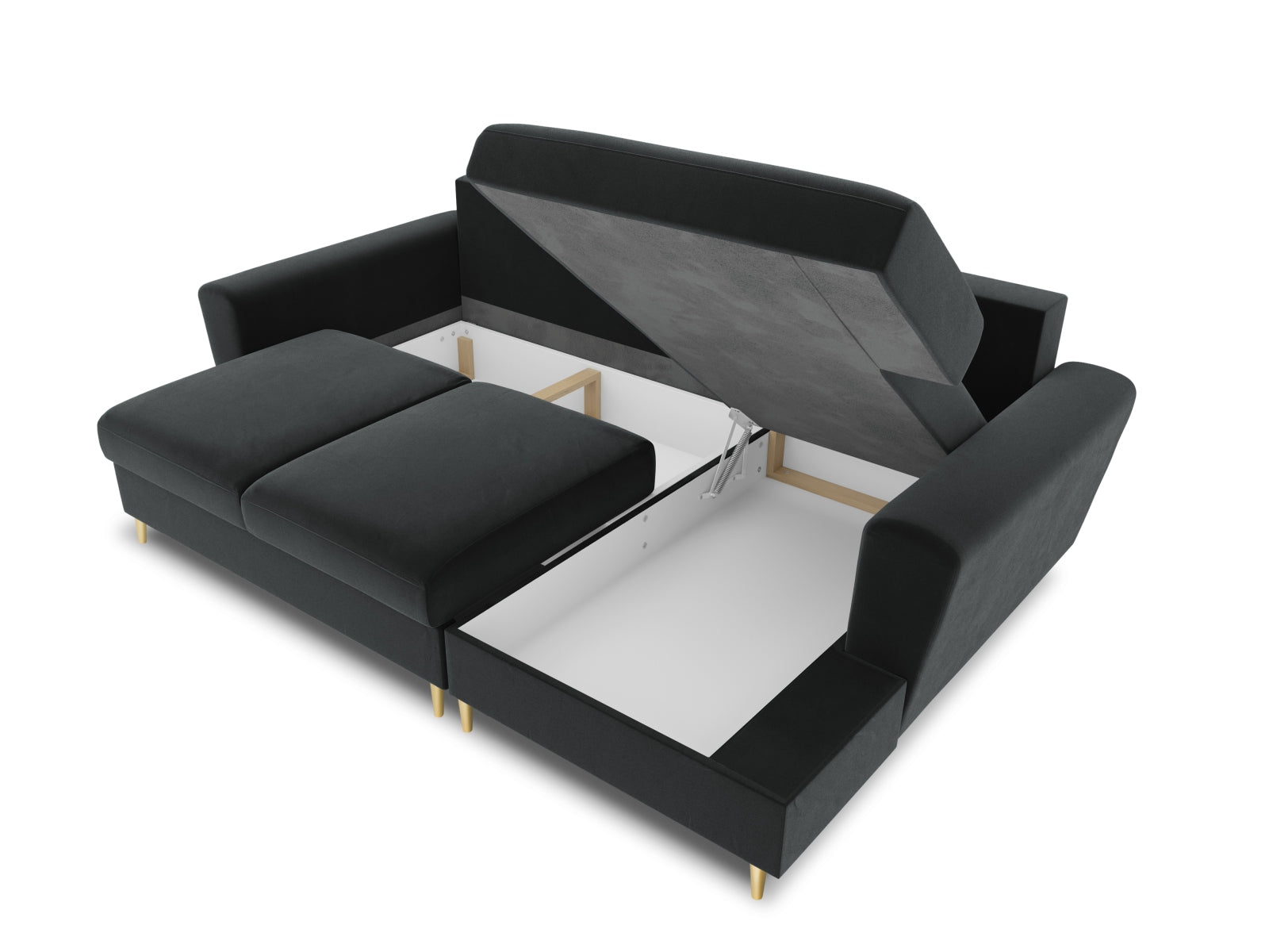 Entdecken Sie das Kyoto Velour Ecksofa rechts – ein elegantes 4-Sitzer Sofa mit Schlaffunktion und Stauraum, ideal für Ihr modernes Wohnzimmer.
