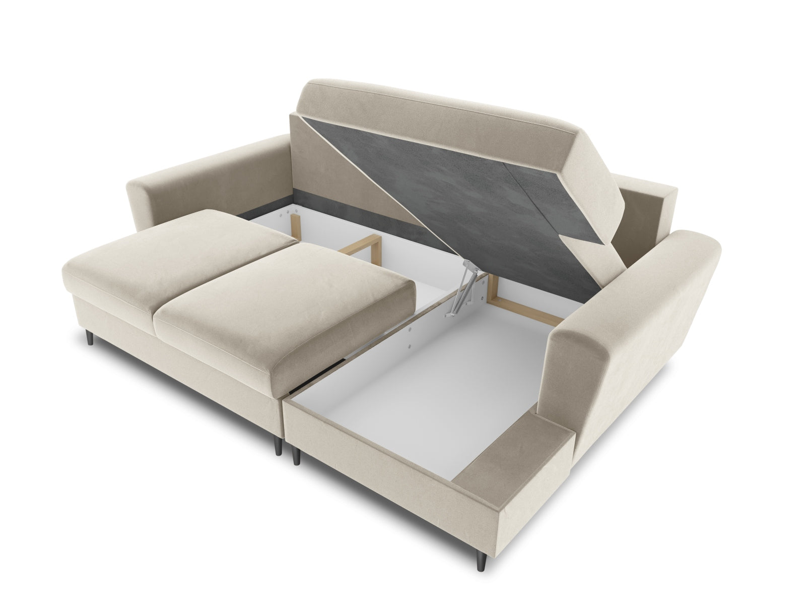 Entdecken Sie das Kyoto Velour Ecksofa rechts – ein elegantes 4-Sitzer Sofa mit Schlaffunktion und Stauraum, ideal für Ihr modernes Wohnzimmer.