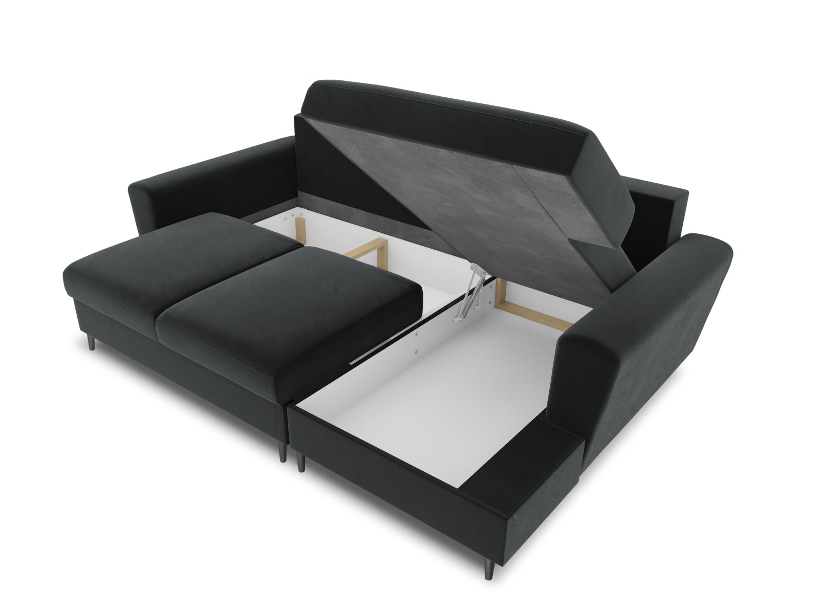 Entdecken Sie das Kyoto Velour Ecksofa rechts – ein elegantes 4-Sitzer Sofa mit Schlaffunktion und Stauraum, ideal für Ihr modernes Wohnzimmer.