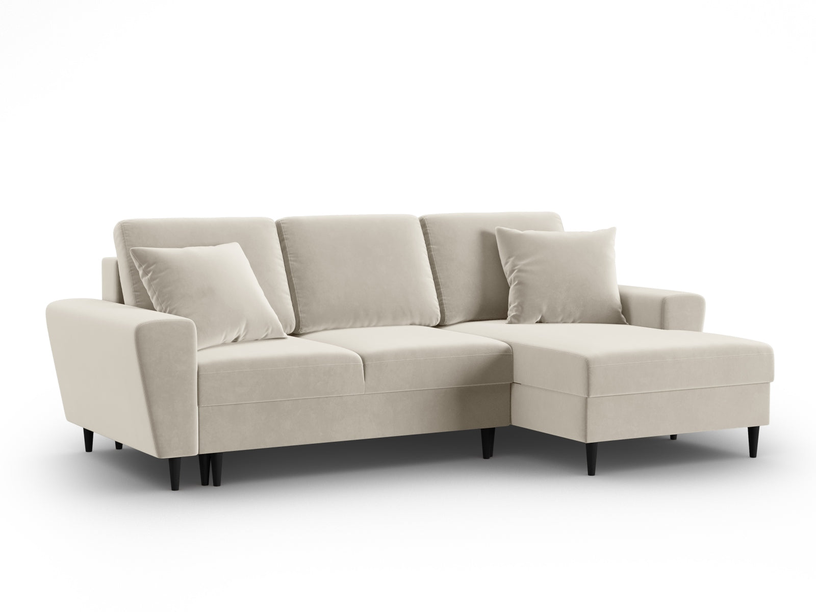 Entdecken Sie das elegante Kyoto Velour Ecksofa rechts mit Schlaffunktion und Stauraum. Ideal für stilvolle Wohnräume und gemütliche Abende.