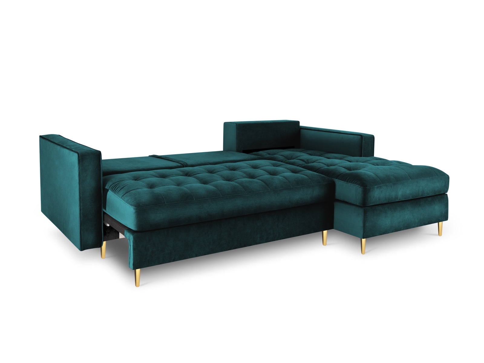 Modernes 5-Sitzer Ecksofa in ansprechendem Petrol, ideal für Wohnräume, mit praktischer Schlaffunktion und integriertem Stauraum.