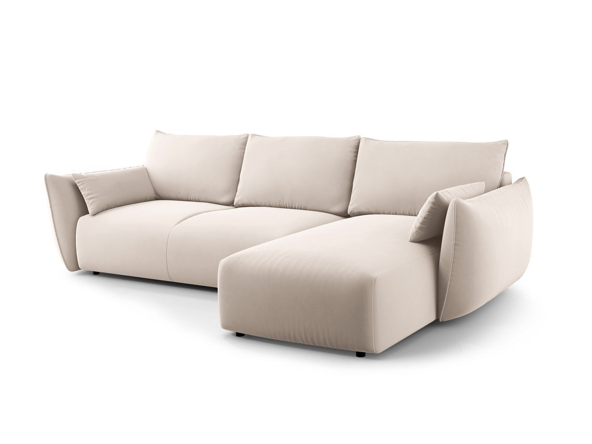 Ecksofa Matera als Bettsofa rechts mit Stoffbezug, Récamière und schwarzen Kunststoffbeinen