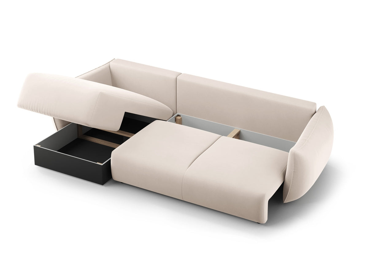Ecksofa Matera als Bettsofa rechts mit Stoffbezug, Récamière und schwarzen Kunststoffbeinen