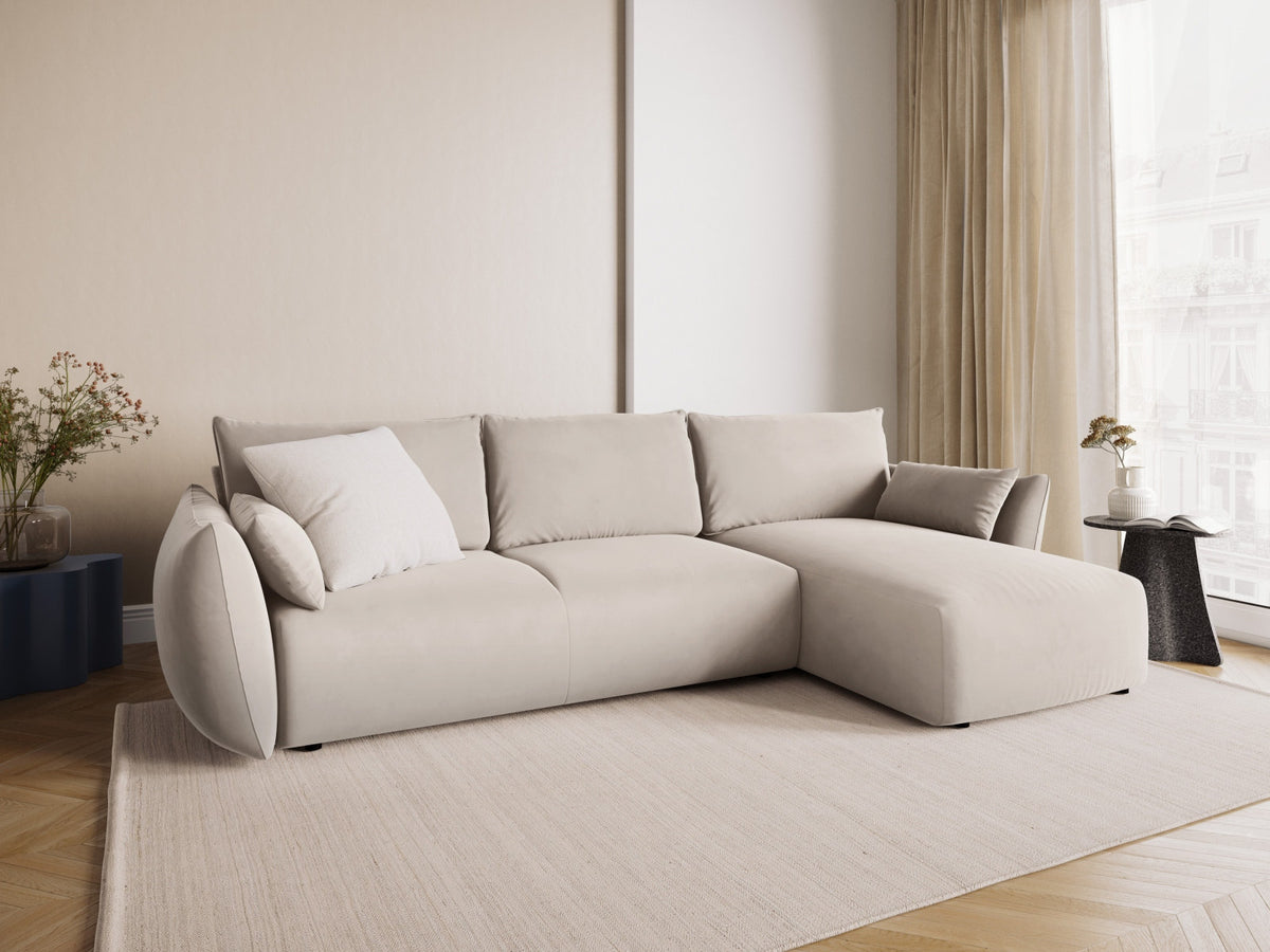 Ecksofa Matera als Bettsofa rechts mit Stoffbezug, Récamière und schwarzen Kunststoffbeinen