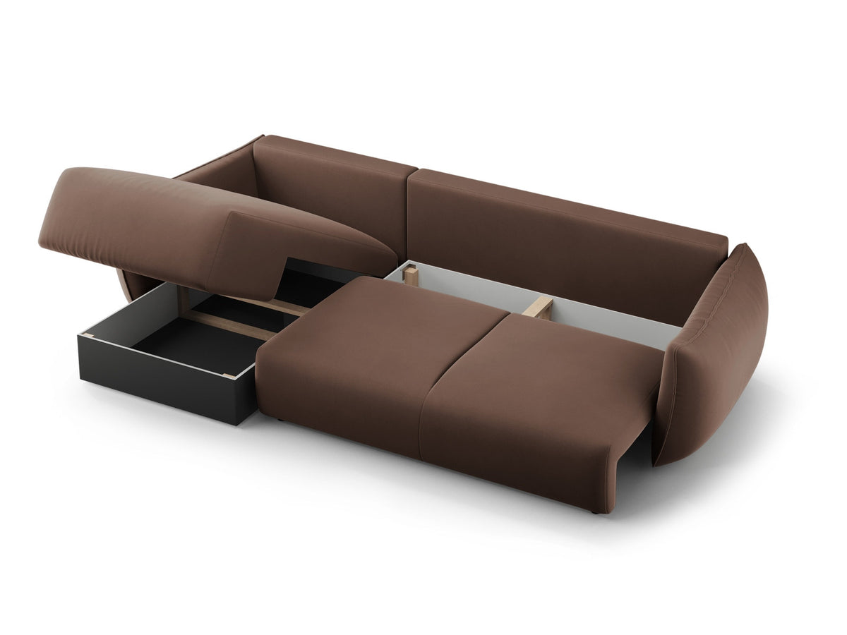 Ecksofa Matera als Bettsofa rechts mit Stoffbezug, Récamière und schwarzen Kunststoffbeinen
