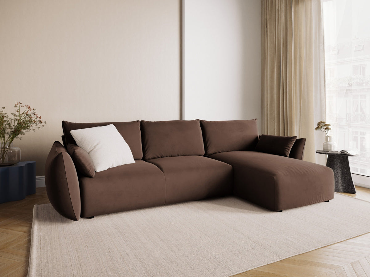 Ecksofa Matera als Bettsofa rechts mit Stoffbezug, Récamière und schwarzen Kunststoffbeinen