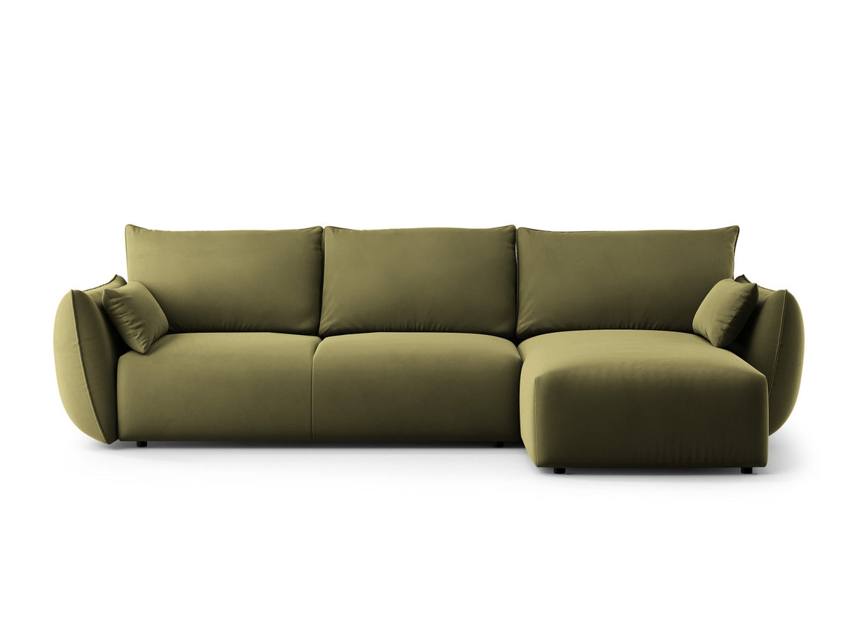 Ecksofa Matera als Bettsofa rechts mit Stoffbezug, Récamière und schwarzen Kunststoffbeinen