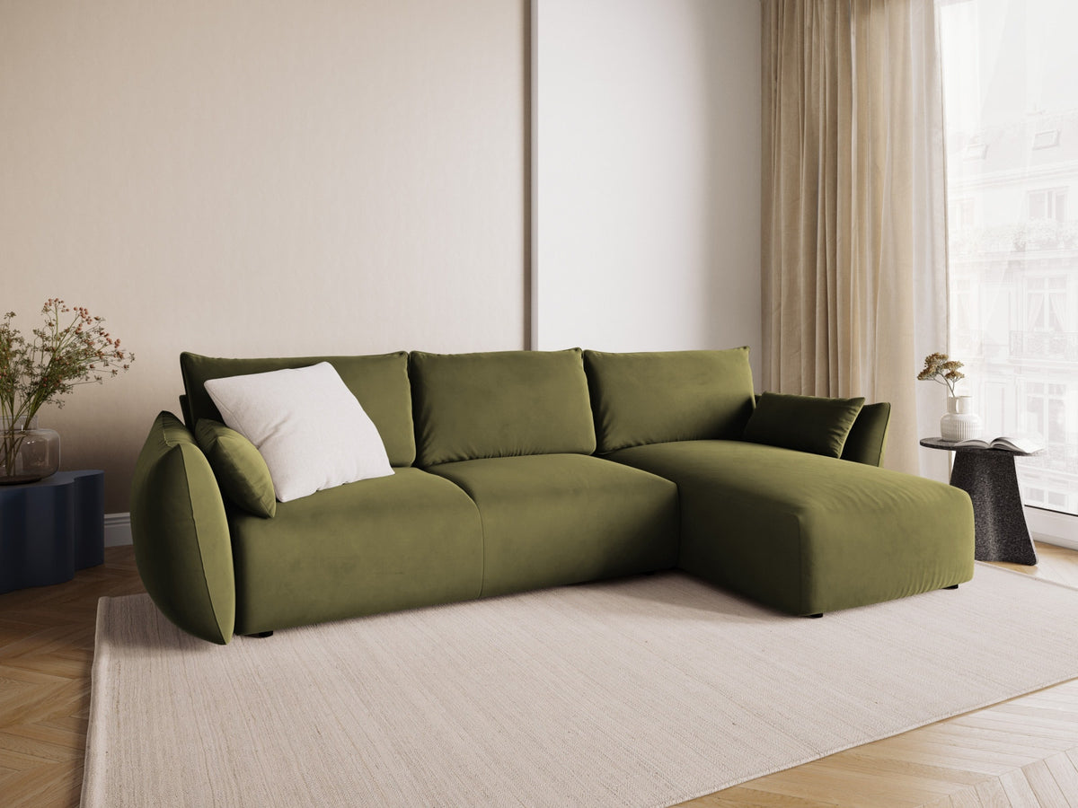Ecksofa Matera als Bettsofa rechts mit Stoffbezug, Récamière und schwarzen Kunststoffbeinen