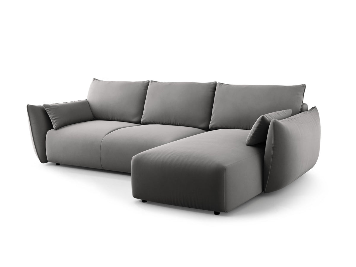 Ecksofa Matera als Bettsofa rechts mit Stoffbezug, Récamière und schwarzen Kunststoffbeinen
