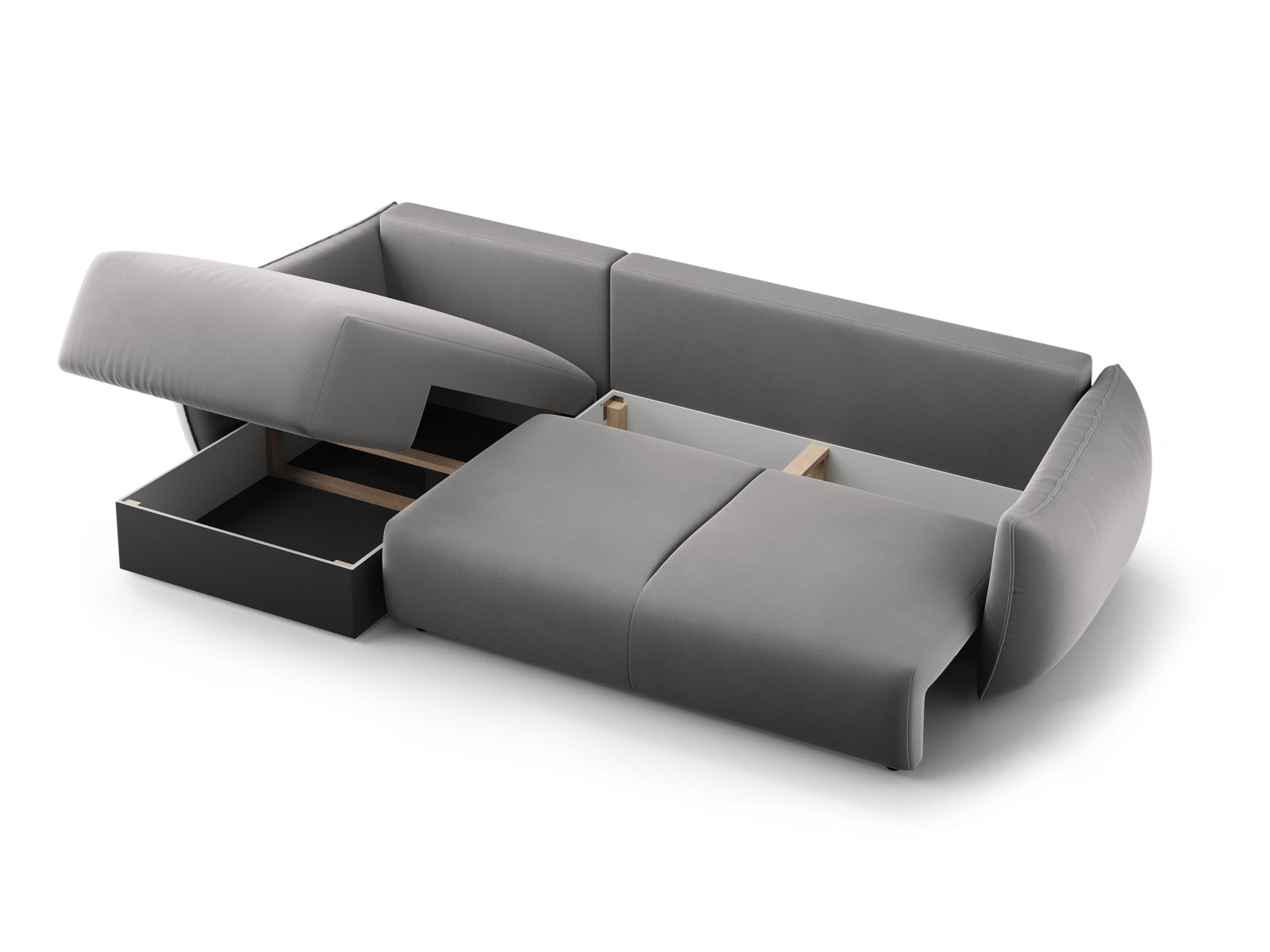 Modernes 4-Sitzer Ecksofa Matera in elegantem Grau, ideal für Gästeübernachtungen und mit praktischem Stauraum für Kissen und Decken.