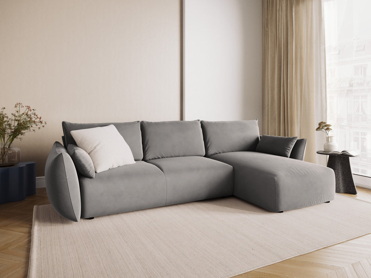 Ecksofa Matera als Bettsofa rechts mit Stoffbezug, Récamière und schwarzen Kunststoffbeinen