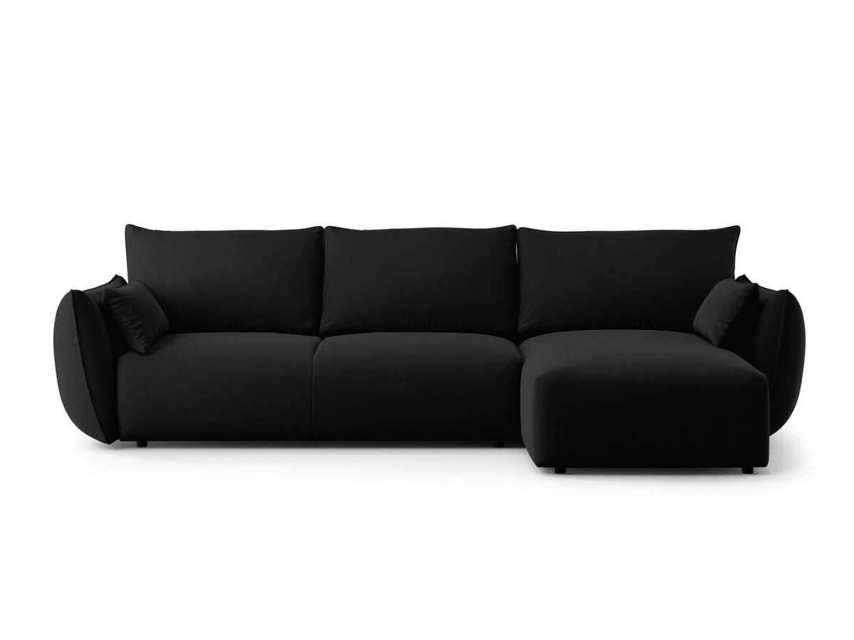 Ecksofa Matera als Bettsofa rechts mit Stoffbezug, Récamière und schwarzen Kunststoffbeinen