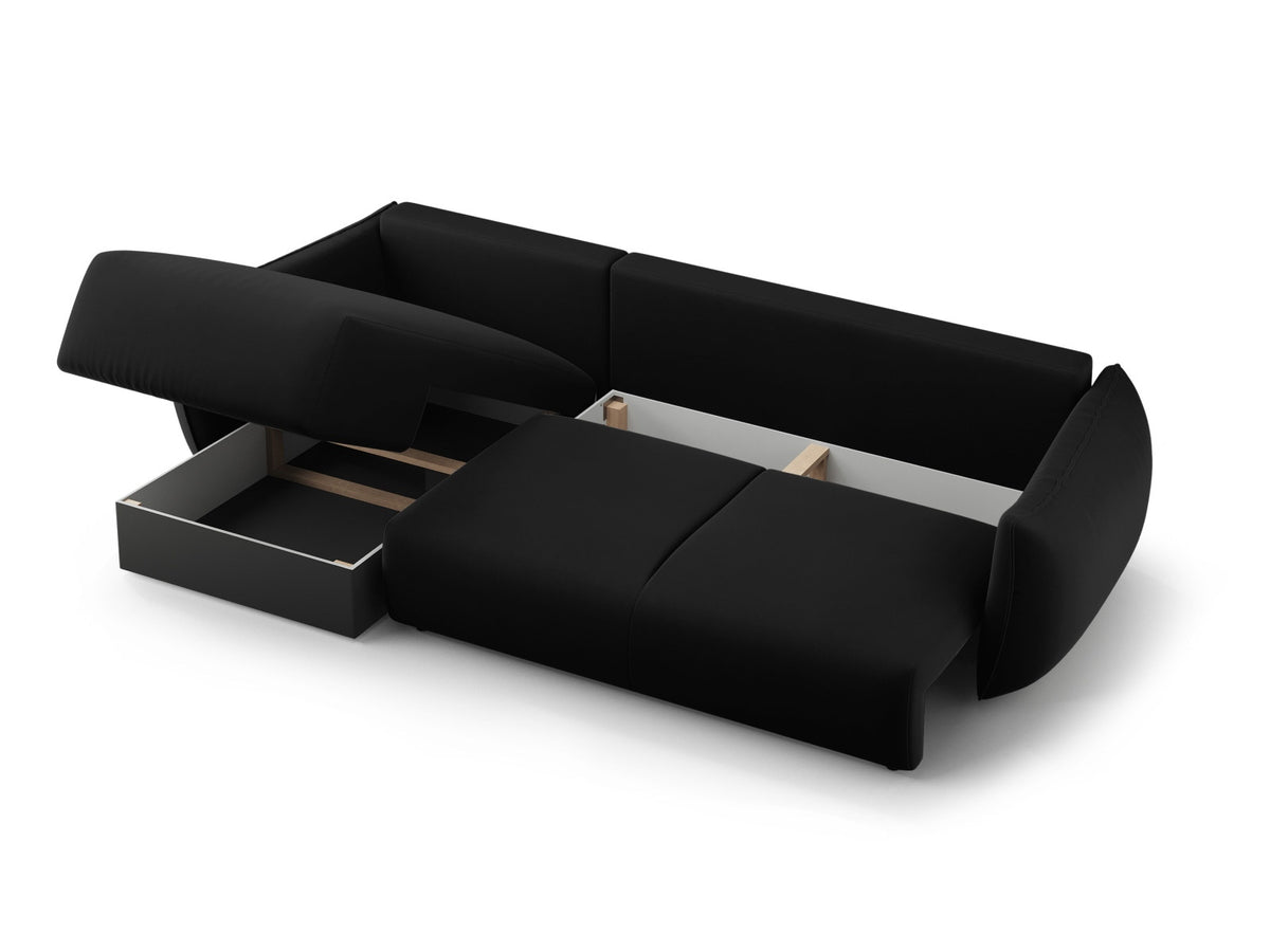 Ecksofa Matera als Bettsofa rechts mit Stoffbezug, Récamière und schwarzen Kunststoffbeinen