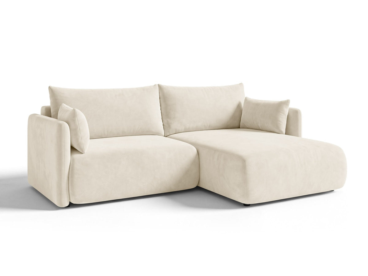 Monaco Ecksofa rechts mit Récamière, Bluvel-Bezug und schwarzen Kunststoffbeinen