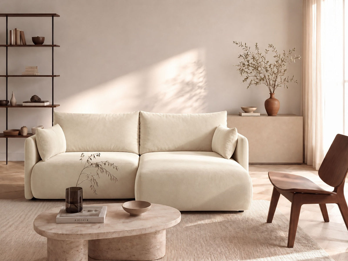 Monaco Ecksofa rechts mit Récamière, Bluvel-Bezug und schwarzen Kunststoffbeinen