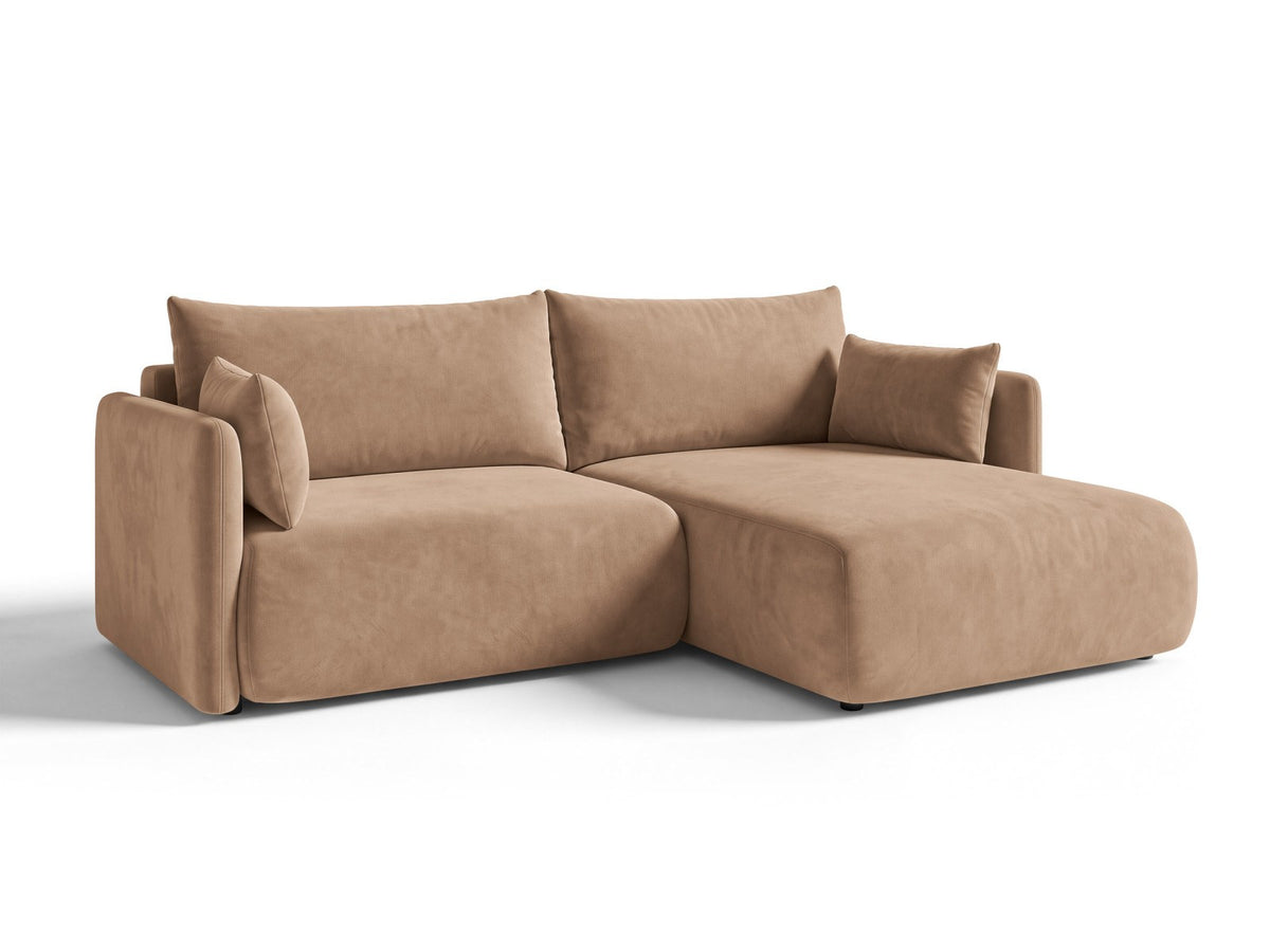 Monaco Ecksofa rechts mit Récamière, Bluvel-Bezug und schwarzen Kunststoffbeinen