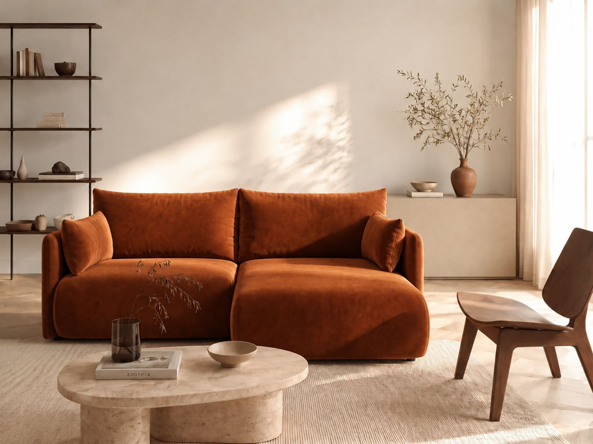 Monaco Ecksofa rechts mit Récamière, Bluvel-Bezug und schwarzen Kunststoffbeinen