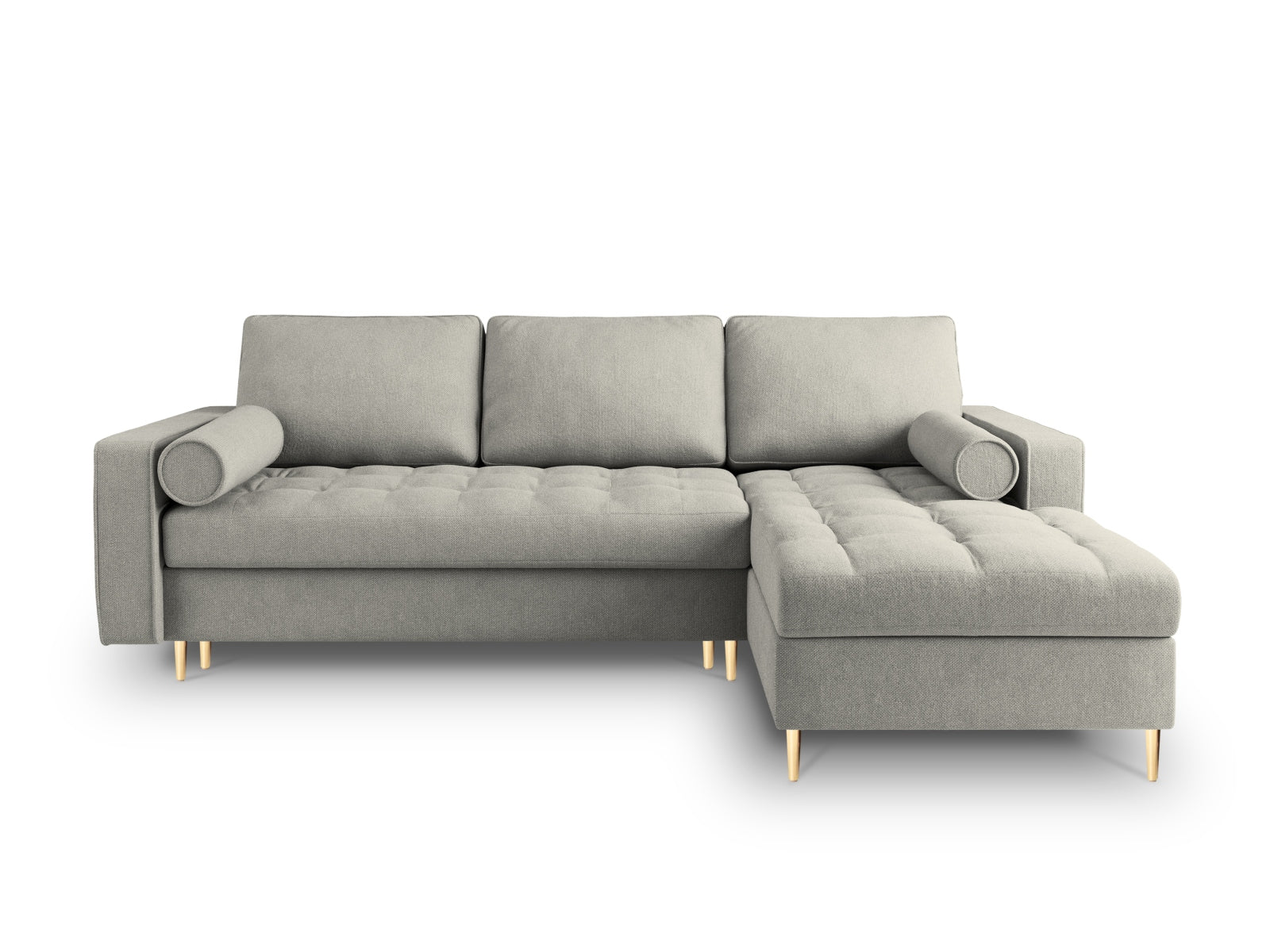 Modernes 5-Sitzer Ecksofa Aspen in Hellgrau, rechtsseitig, mit praktischer Schlaffunktion und Stauraum für zusätzlichen Komfort.