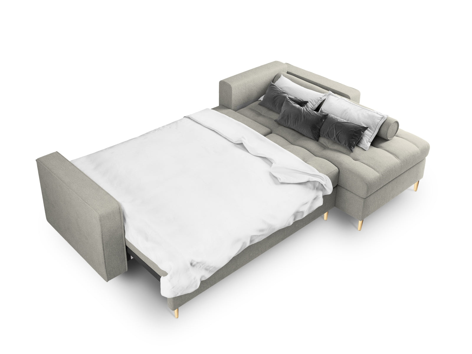 Modernes 5-Sitzer Ecksofa Aspen in sanftem Hellgrau, rechtsseitig, mit praktischer Schlaffunktion und integriertem Stauraum für zusätzlichen Komfort.