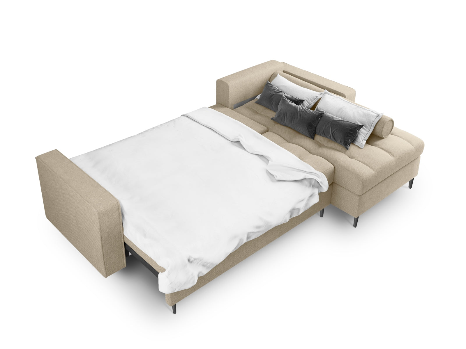 Modernes Ecksofa Aspen in hellem Beige, 5-Sitzer mit praktischer Schlaffunktion und integriertem Stauraum für vielseitige Nutzung.