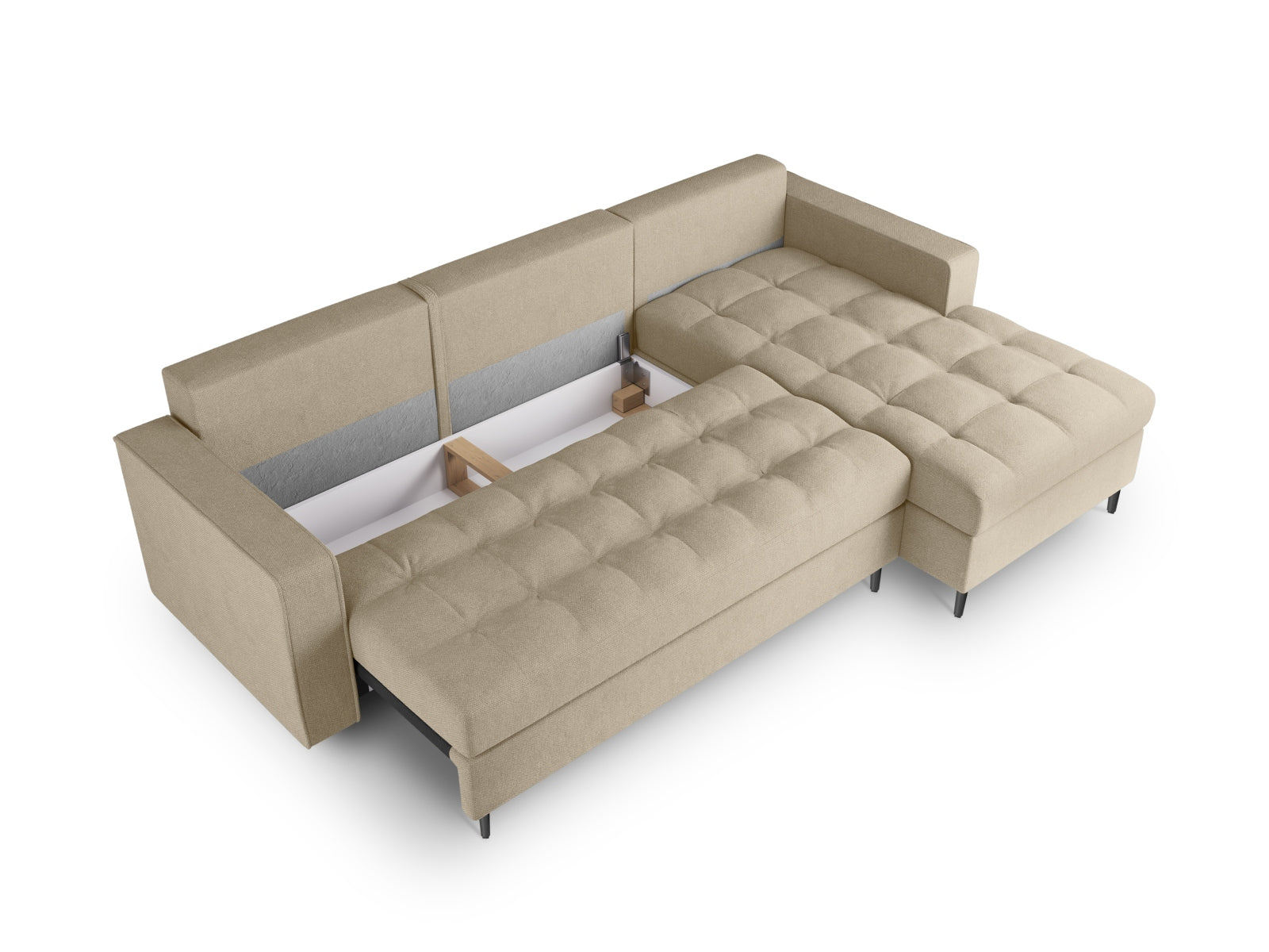 Beige 5-Sitzer Ecksofa Aspen mit Schlaffunktion und Stauraum, ideal für stilvolle Wohnräume und flexible Nutzung.