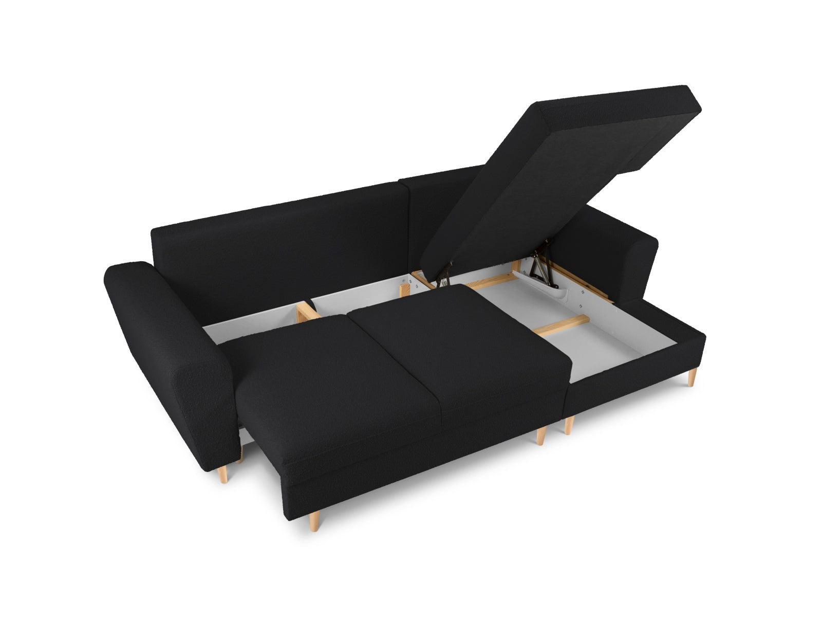 Entdecken Sie das Kyoto Boucle Ecksofa rechts – ein elegantes 4-Sitzer Sofa mit Schlaffunktion und Stauraum, ideal für Komfort und Stil in Ihrem Wohnzimmer.