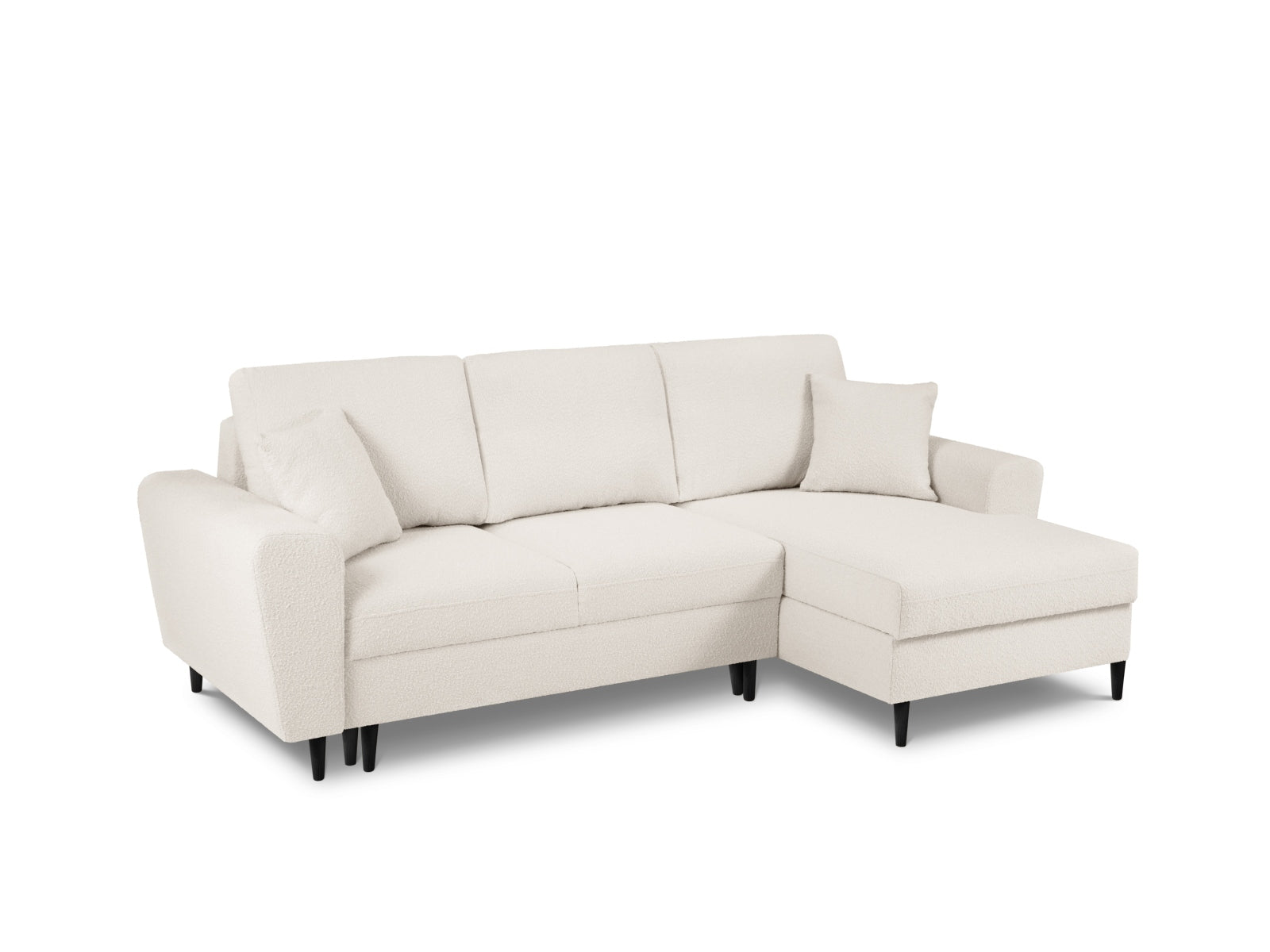 Stylisches Kyoto Boucle Ecksofa, rechts, 4-Sitzer mit praktischer Schlaffunktion und Stauraum, perfekt für moderne Wohnräume.
