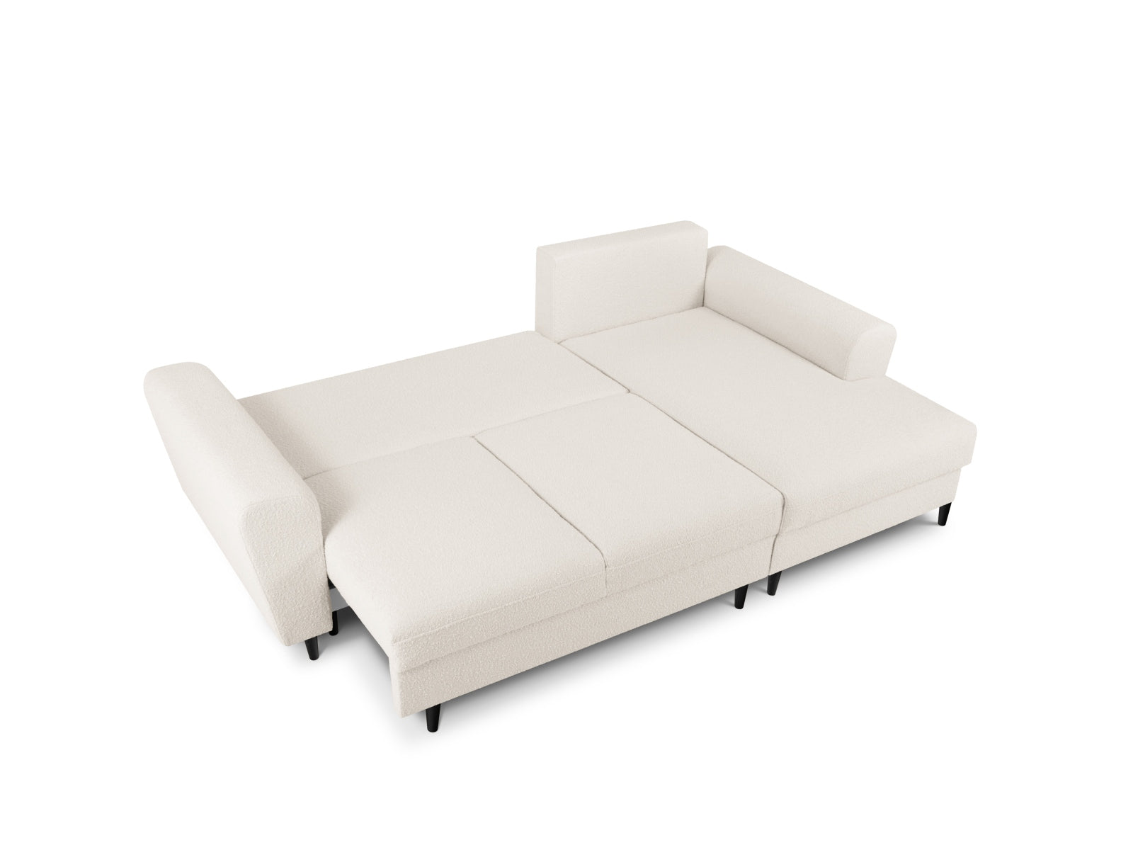 Modernes Kyoto Boucle Ecksofa, rechts, 4-Sitzer mit praktischer Schlaffunktion und integriertem Stauraum für vielseitige Nutzung.