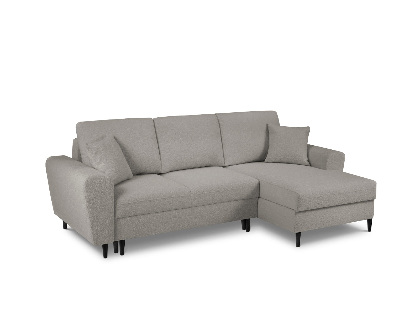 Elegantes Kyoto Boucle Ecksofa in Grau, rechtsseitig, mit praktischer Schlaffunktion und Stauraum für zusätzlichen Komfort und Stil.