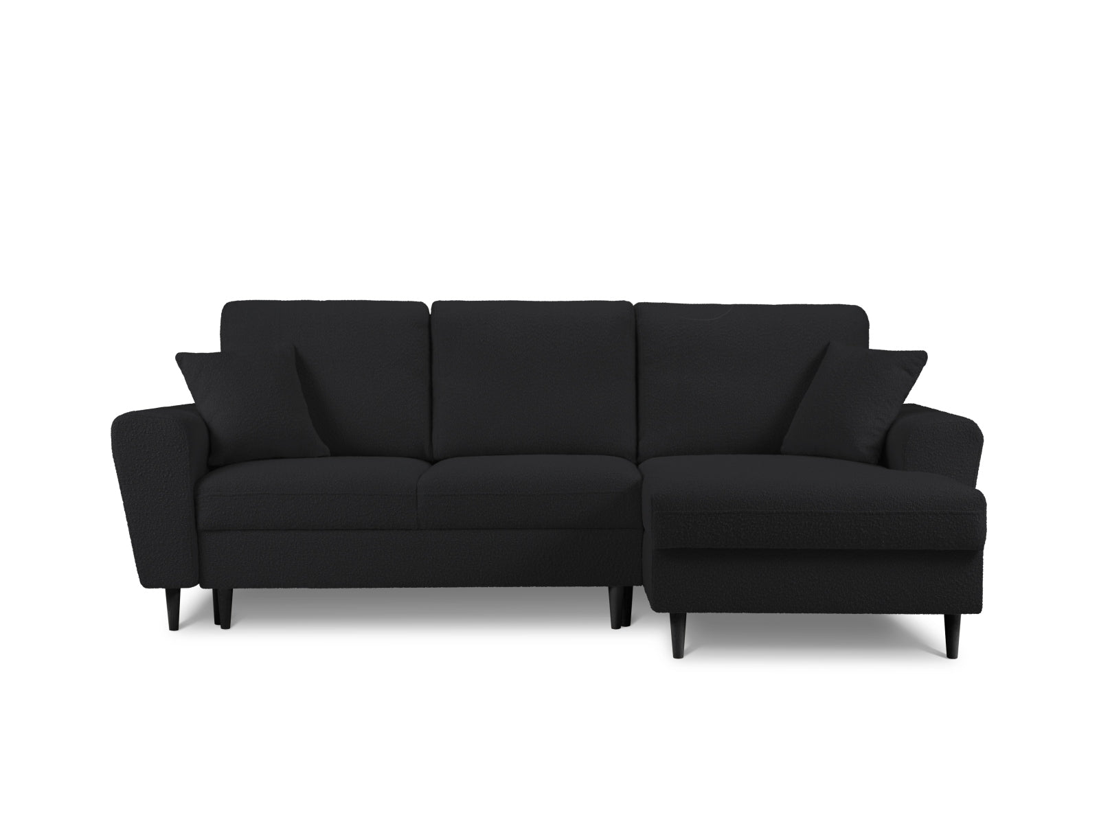 Elegantes Kyoto Boucle Ecksofa in Schwarz, 4-Sitzer mit praktischer Schlaffunktion und Stauraum, perfekt für gemütliche Abende.