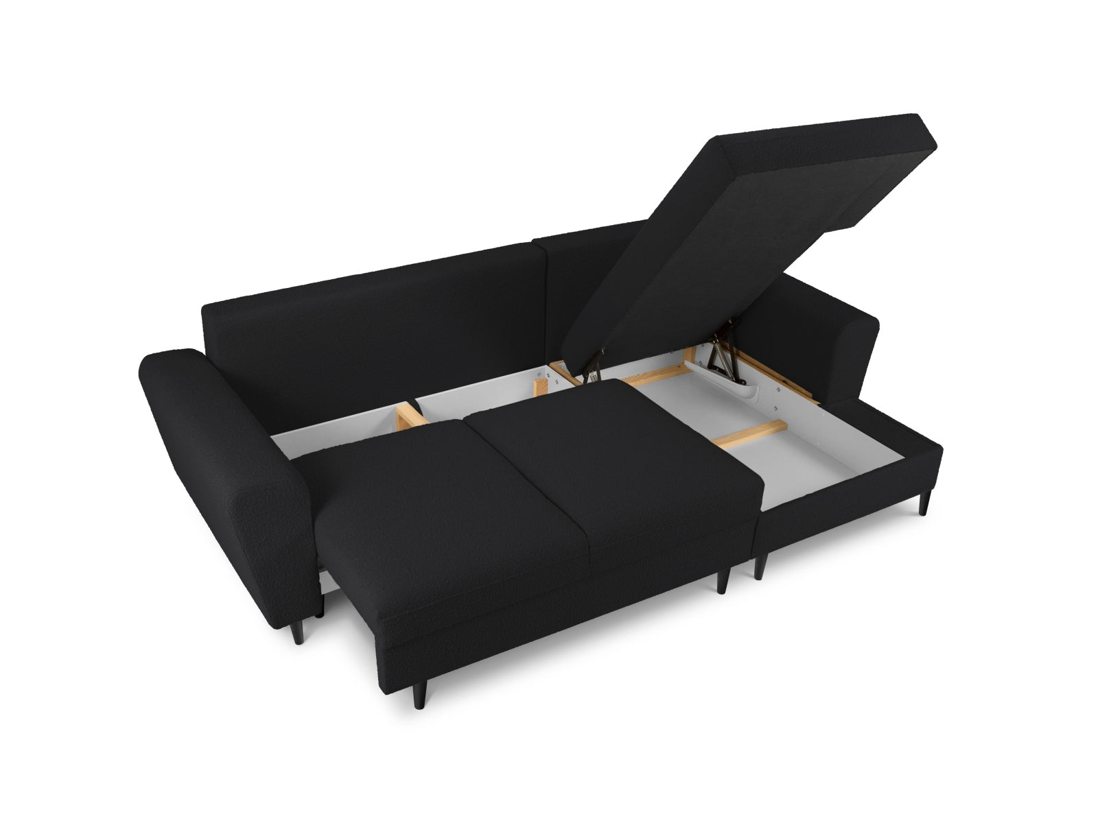 Stylisches Kyoto Boucle Ecksofa in Schwarz, 4-Sitzer mit Schlaffunktion und Stauraum, ideal für moderne Wohnkonzepte.