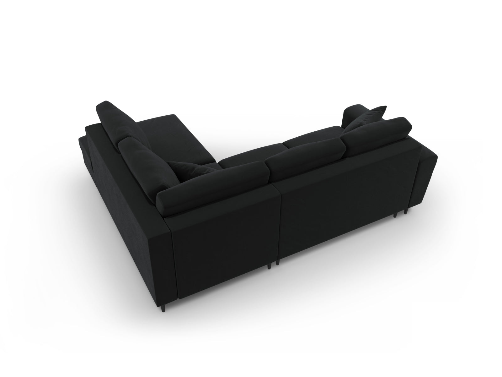Elegantes Kyoto Velour Ecksofa in Schwarz, 5-Sitzer mit Schlaffunktion und Stauraum, ideal für stilvolle Wohnräume und Übernachtungsgäste.