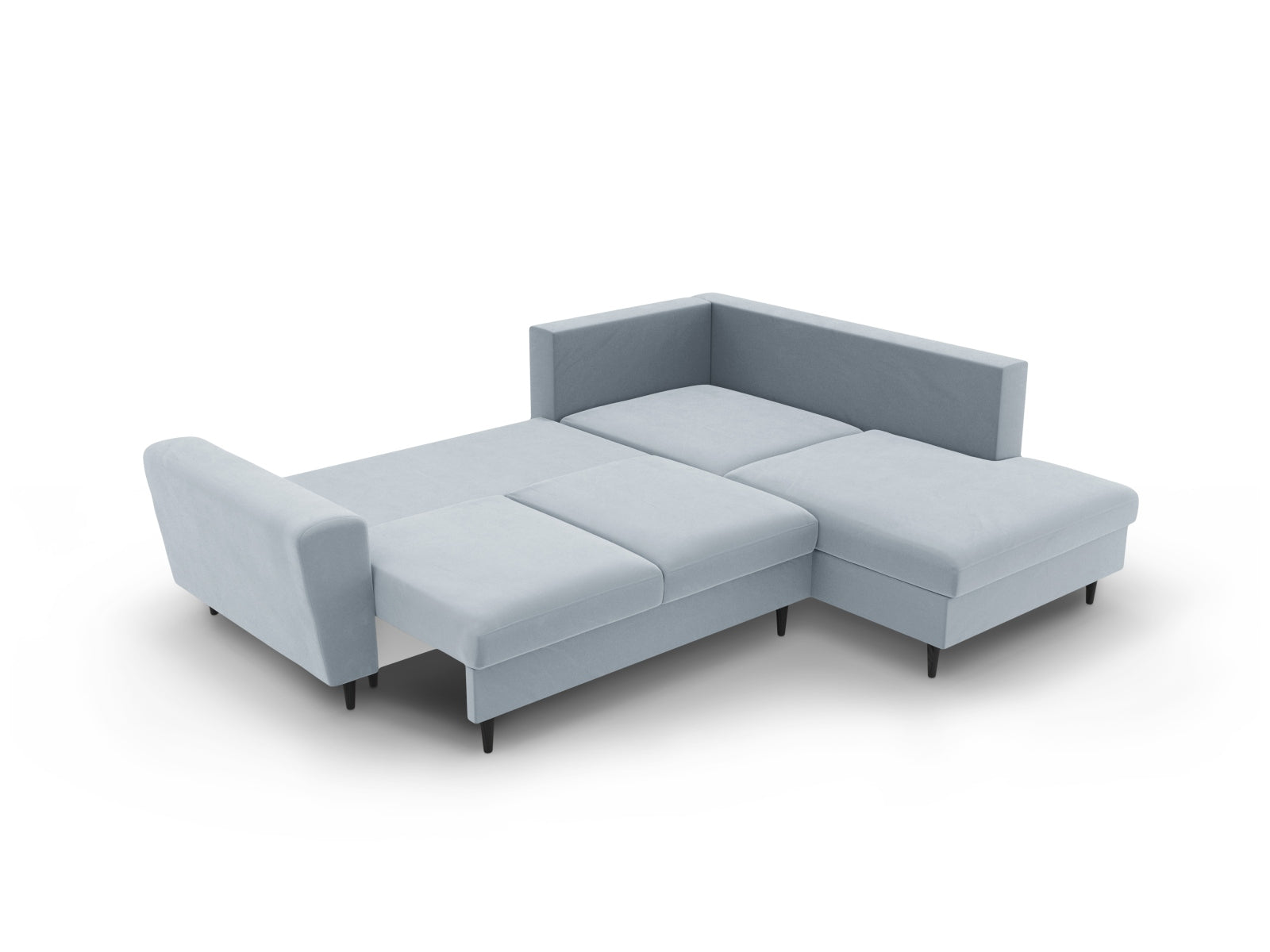 Stylisches Kyoto Velour Ecksofa in sanftem Hellblau, 5-Sitzer mit praktischer Schlaffunktion und Stauraum, perfekt für moderne Wohnzimmer.