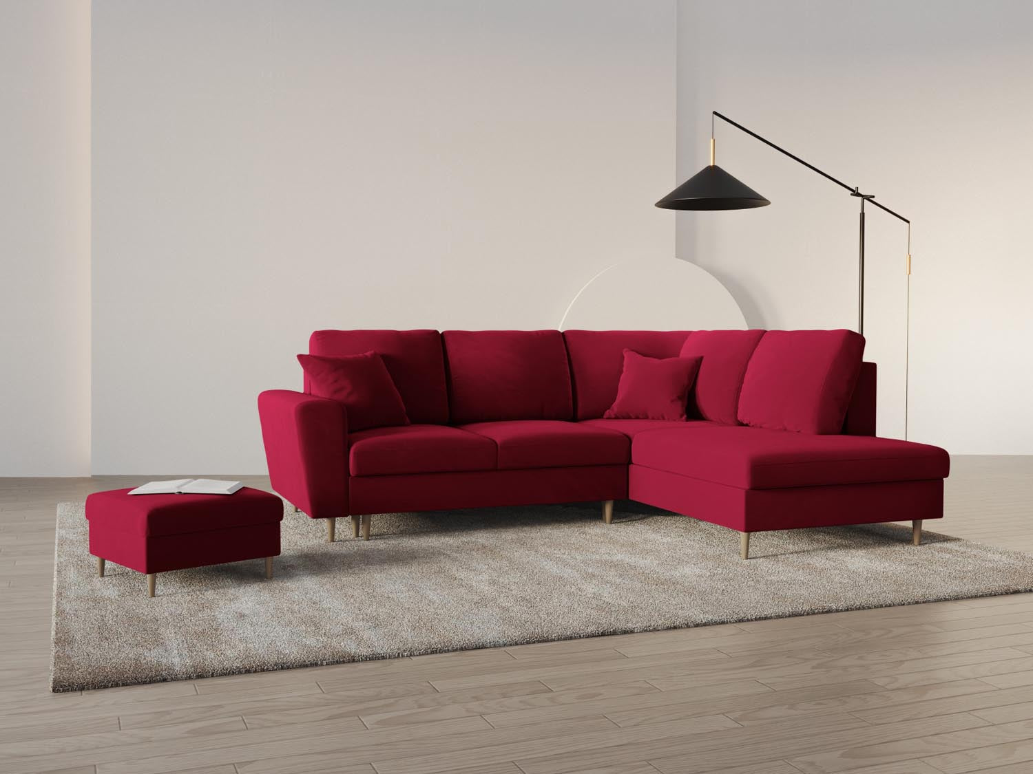 Elegantes Kyoto Velour Ecksofa in Rot, 5-Sitzer mit Schlaffunktion und Stauraum, ideal für stilvolle Wohnräume.