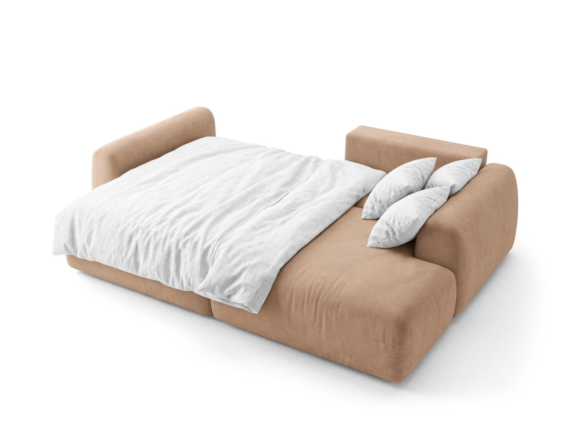 Milan Bettsofa rechts als Ecksofa mit Récamière, Bluvel-Bezug und schwarzen Kunststoffbeinen