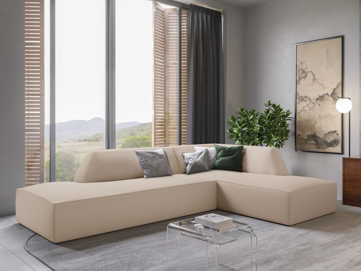 Modulares Ecksofa Siena in Light Grey-Ottawa mit Récamiere, Massivholzrahmen und schwarzen Kunststoffbeinen, 4-Sitzer, Breite 273 cm.