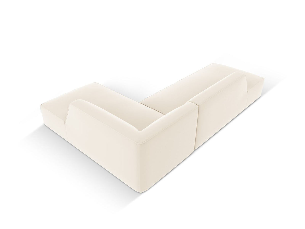 Modulares Ecksofa rechts Siena in Light Beige-Pacifico mit lederähnlichem Bezug, schwarzen Kunststoffbeinen und Récamiere, 4-Sitzer.