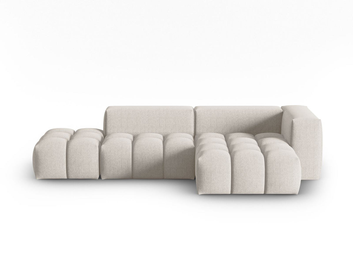 Modulares Ecksofa Verona in Beige-Sorella mit Massivholzrahmen, schwarzen Kunststoffbeinen und strukturiertem Tweed-Stoffbezug, rechte Ausrichtung.