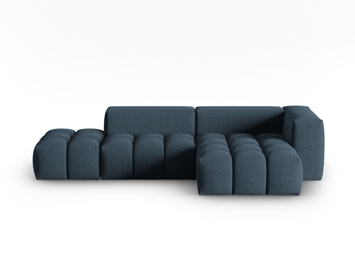 Modulares Ecksofa Verona in Beige-Sorella mit Massivholzrahmen, schwarzen Kunststoffbeinen und strukturiertem Tweed-Stoffbezug, rechte Ausrichtung.