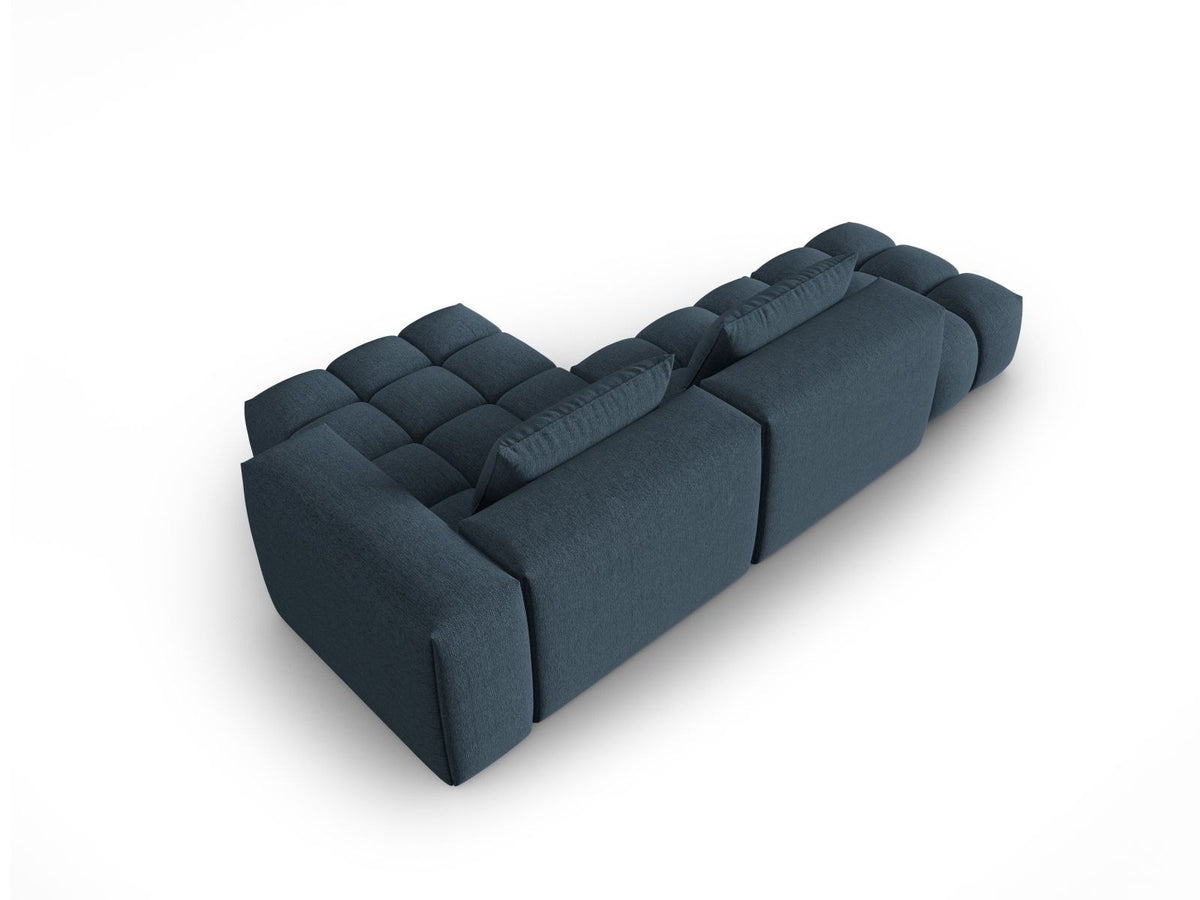 Modulares Ecksofa Verona in Beige-Sorella mit Massivholzrahmen, schwarzen Kunststoffbeinen und strukturiertem Tweed-Stoffbezug, rechte Ausrichtung.