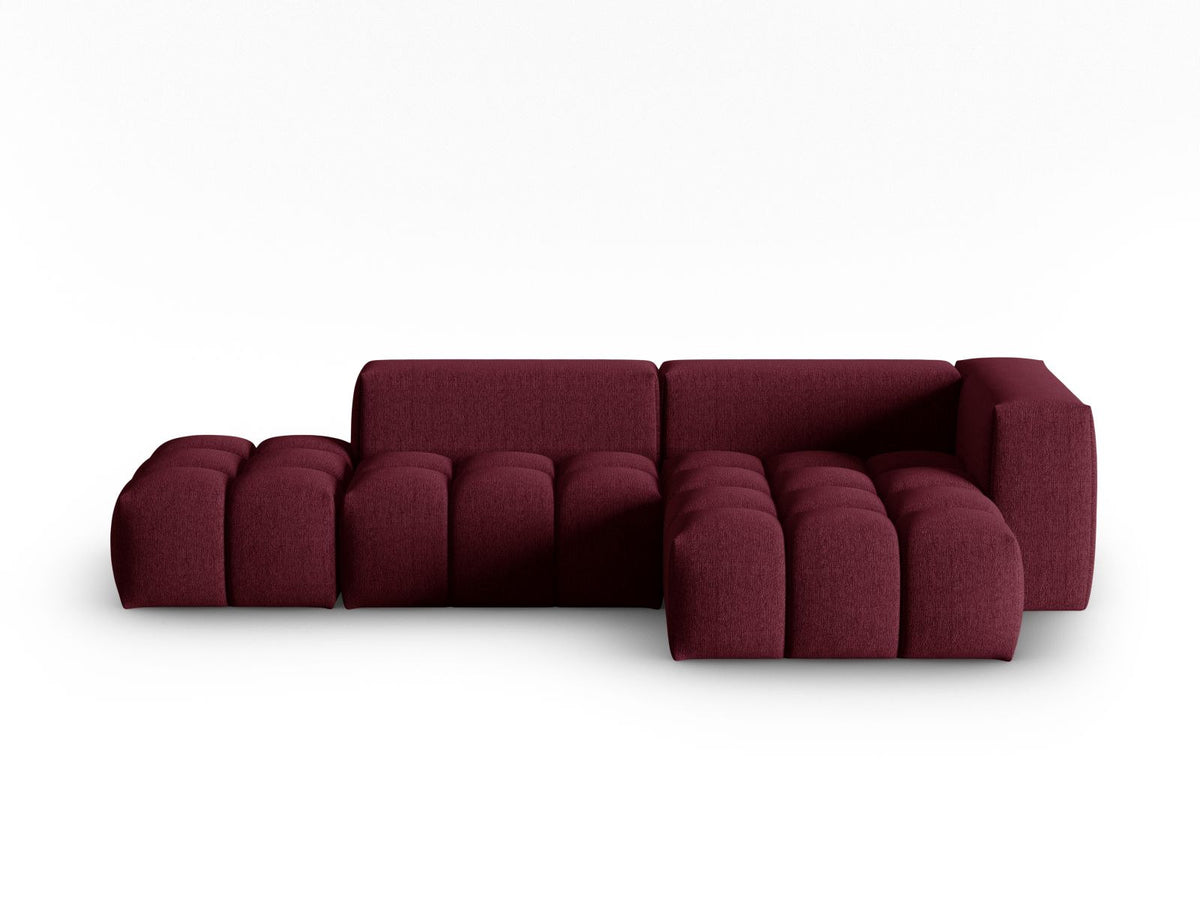 Modulares Ecksofa Verona in Beige-Sorella mit Massivholzrahmen, schwarzen Kunststoffbeinen und strukturiertem Tweed-Stoffbezug, rechte Ausrichtung.