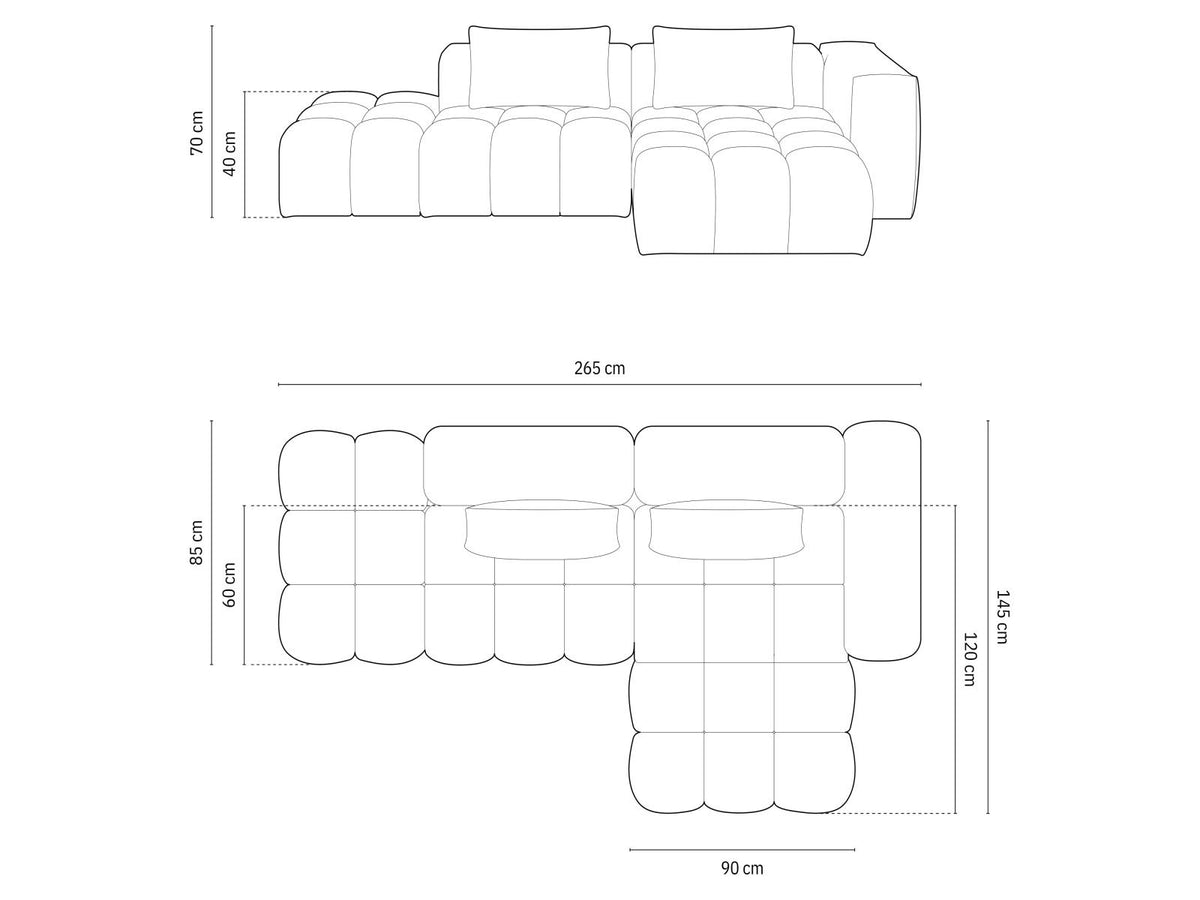 Modulares Ecksofa Verona in Beige-Sorella mit Massivholzrahmen, schwarzen Kunststoffbeinen und strukturiertem Tweed-Stoffbezug, rechte Ausrichtung.