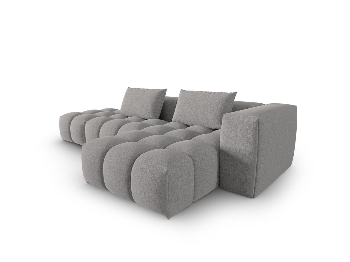 Modulares Ecksofa Verona in Beige-Sorella mit Massivholzrahmen, schwarzen Kunststoffbeinen und strukturiertem Tweed-Stoffbezug, rechte Ausrichtung.