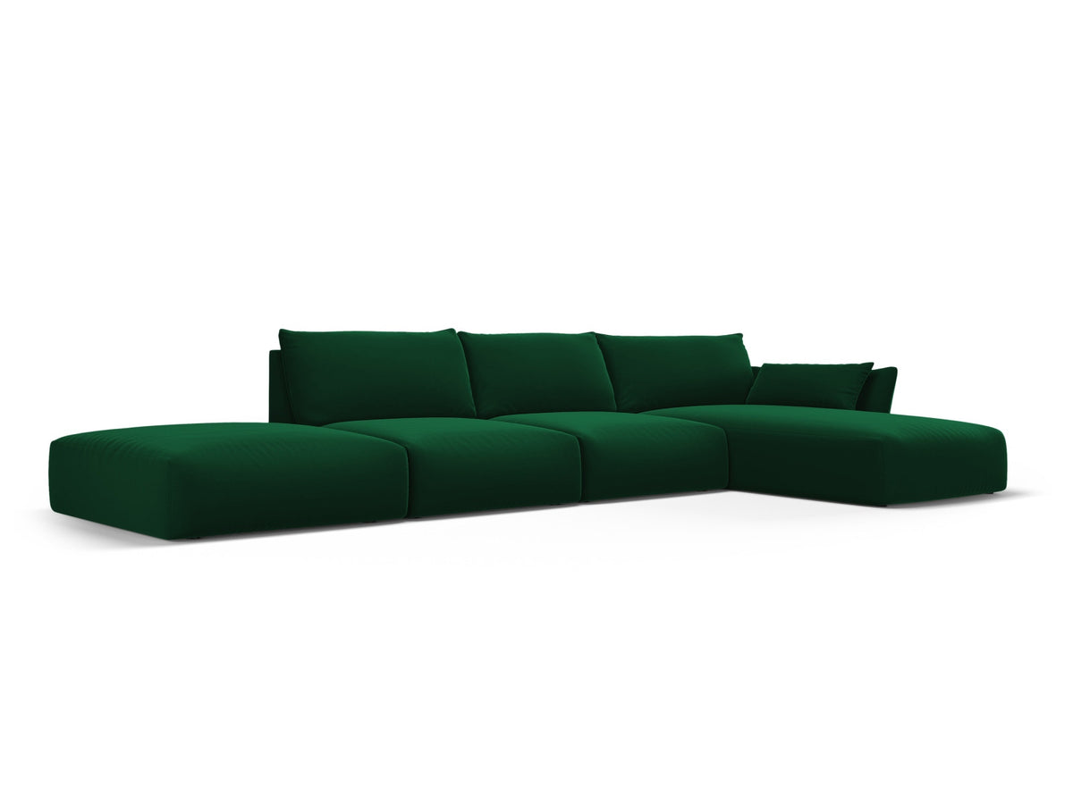 Ecksofa rechts Matera mit Récamière, Stoffbezug und schwarzen Beinen im Wohnzimmer