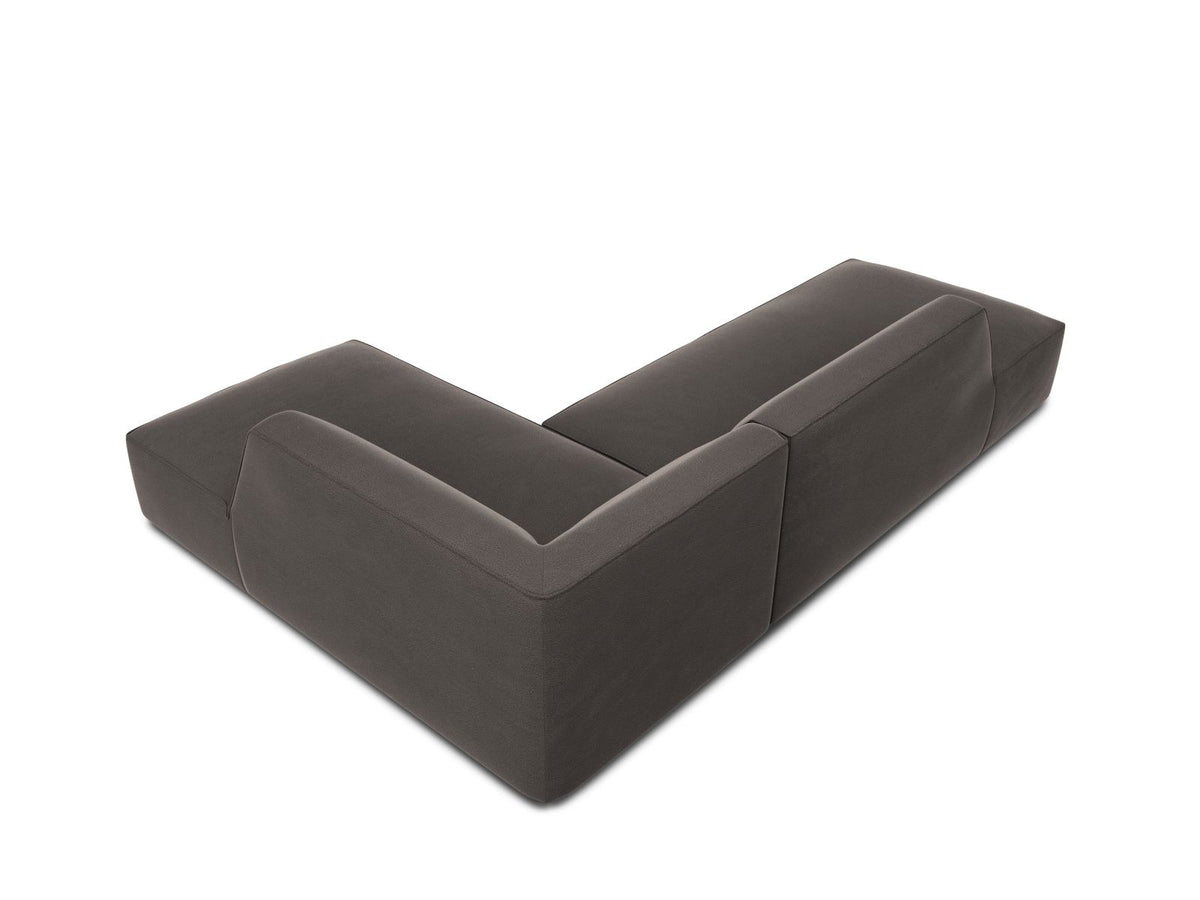 Modulares Ecksofa rechts Siena in Beige-Salvador Samtstoff mit schwarzen Kunststoffbeinen, Récamiere und Massivholzrahmen, 4-Sitzer, 180 cm.