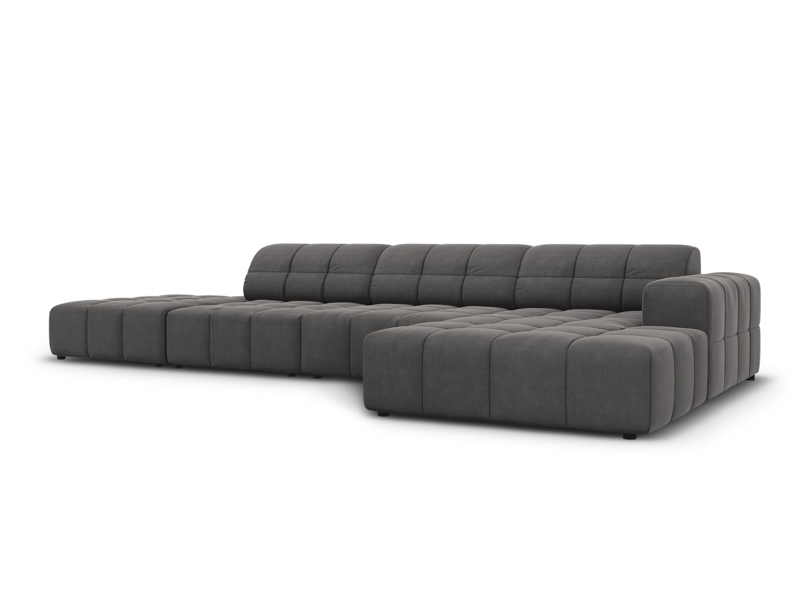 Elegantes Chicago Velour Ecksofa in Grau-Blau, 5-Sitzer, 166 cm, ideal für stilvolle Wohnräume, präsentiert von Cosmopolitan Design.