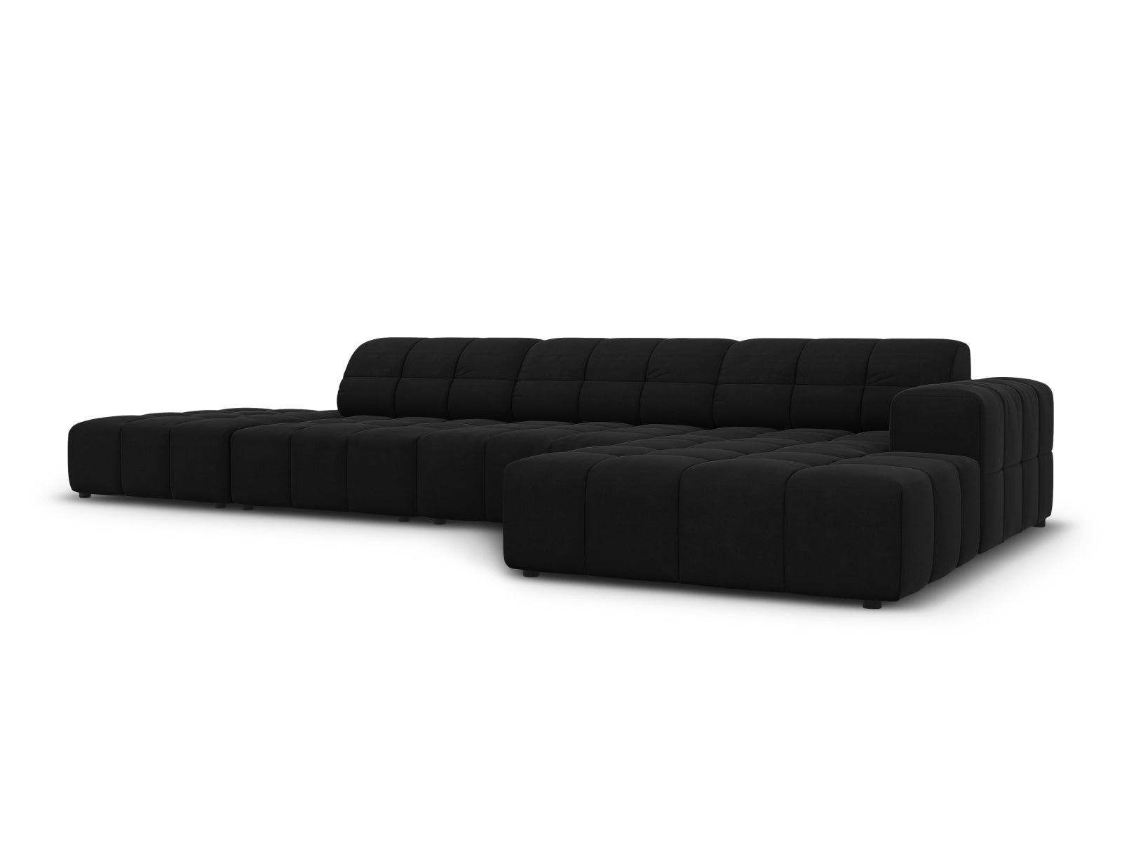 Elegantes Chicago Velour Ecksofa in Schwarz-Bluvel, 5-Sitzer, 166 cm, ideal für stilvolle Wohnräume, präsentiert von Cosmopolitan Design.