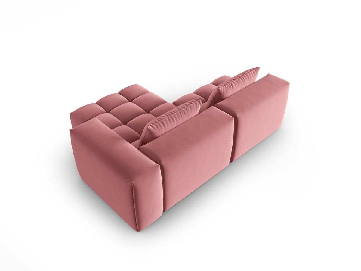 Modulares Ecksofa rechts in Sand-Casino Samt mit Massivholzrahmen, schwarzen Kunststoffbeinen und drei Sitzplätzen, seitliche Ansicht.